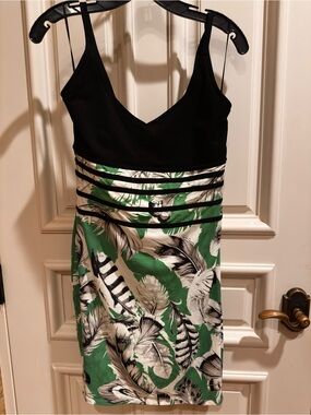 Roberto Cavalli Black Bodice Green and White Feather-Print Midi Dress
